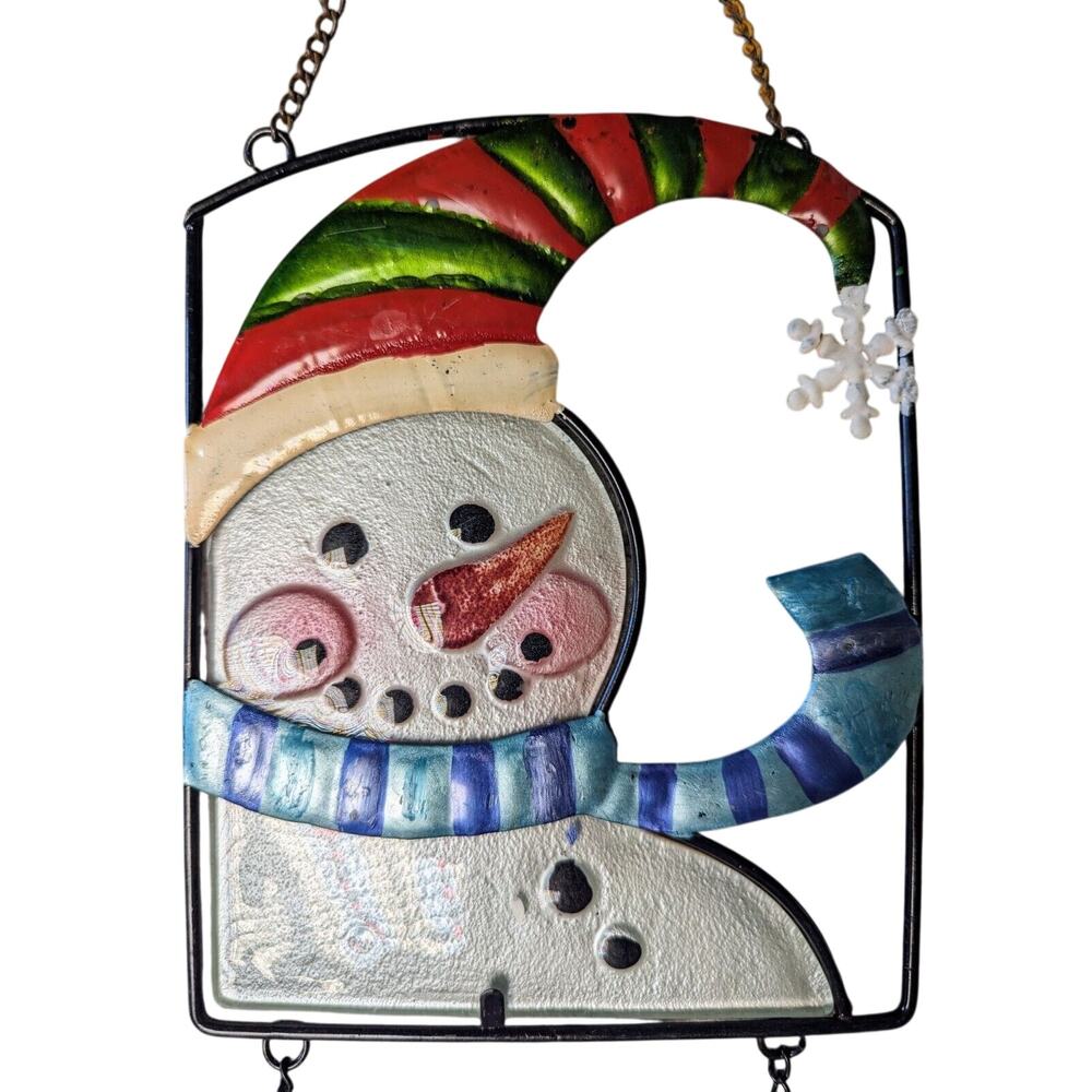 Christmas Door Hanger Snowman WELCOME Sign 24" Winter Decor metal glass holiday